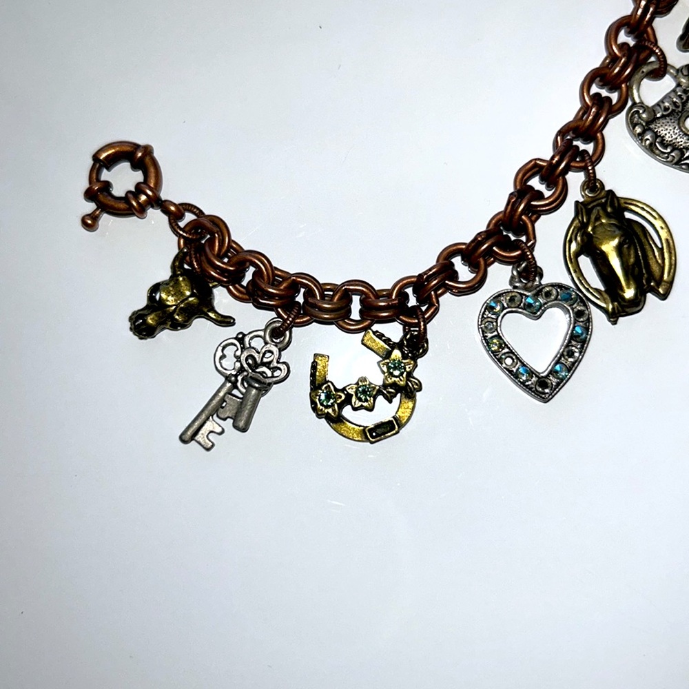 Designer Sweet Romance Equestrian Theme 10 Charm Brass Copper Nickel Bracelet - Picture 7 of 12